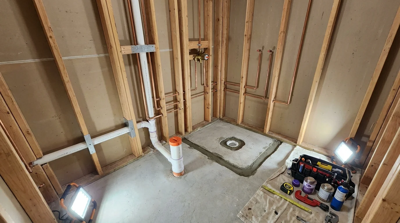 Bathroom rough-in plumbing during remodel by Johns Plumbing LLC in Big Lake