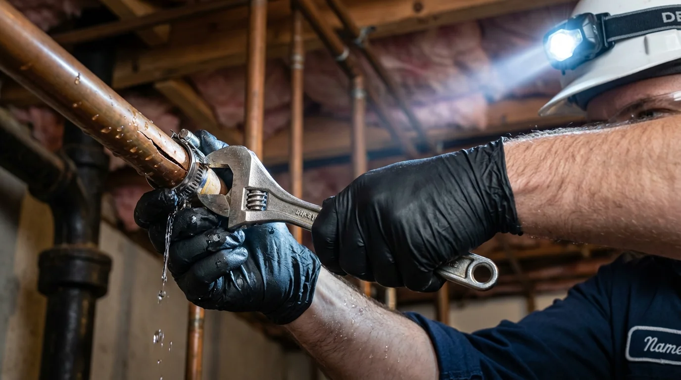 Emergency pipe clamp repair being performed by a Johns Plumbing LLC plumber in Big Lake