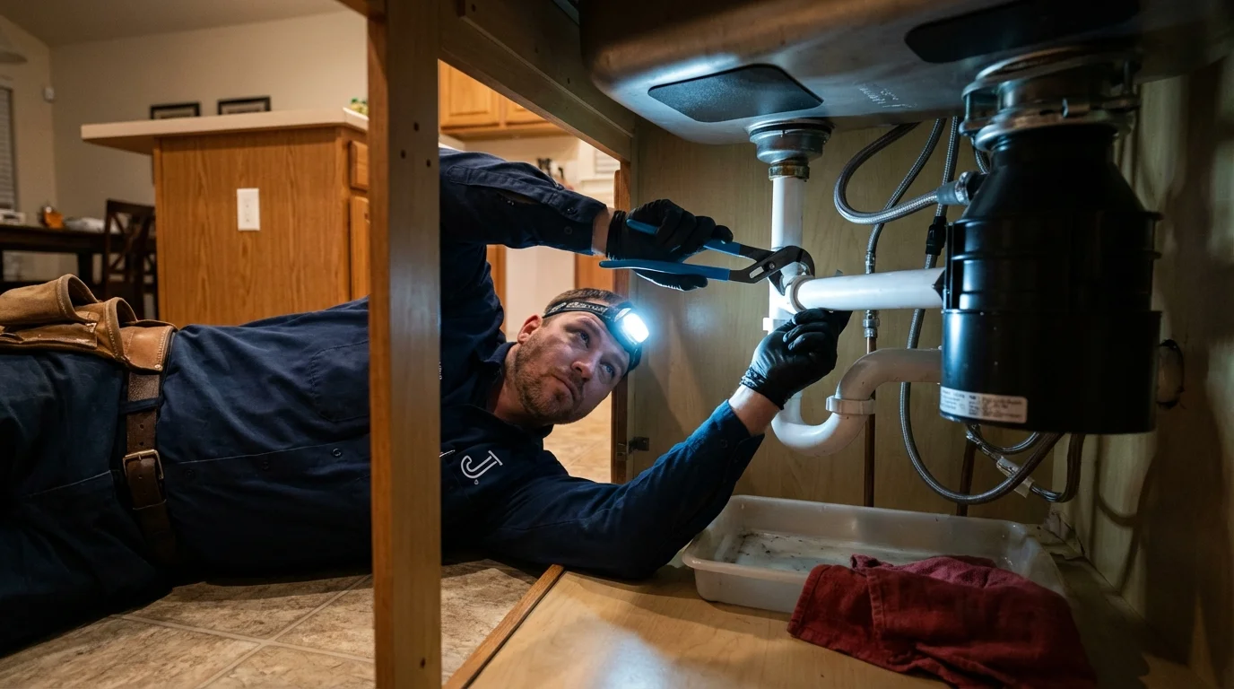P-trap and supply line connections under a kitchen sink showing a common leak point in Big Lake, MN